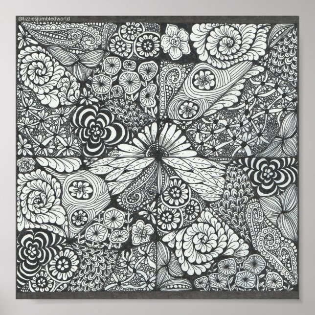 Póster Huella de doodle en blanco y negro 8x8in. (Frente)