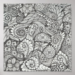 Póster Huella de doodle en blanco y negro 8x8in. Blanco n