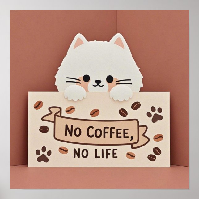 Póster Huella de gato diminuta adorable y granos de café (Frente)