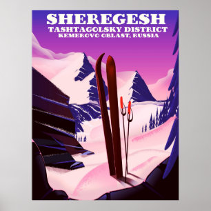 Póster Huella de viajes de esquí Sheregesh, Kemerovo Obla