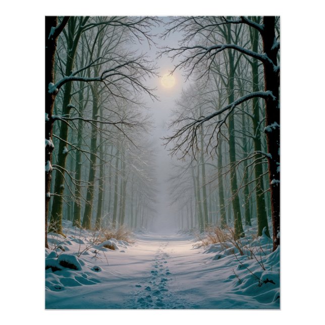 Póster Huellas de luz de luna en un bosque nevado (Anverso)