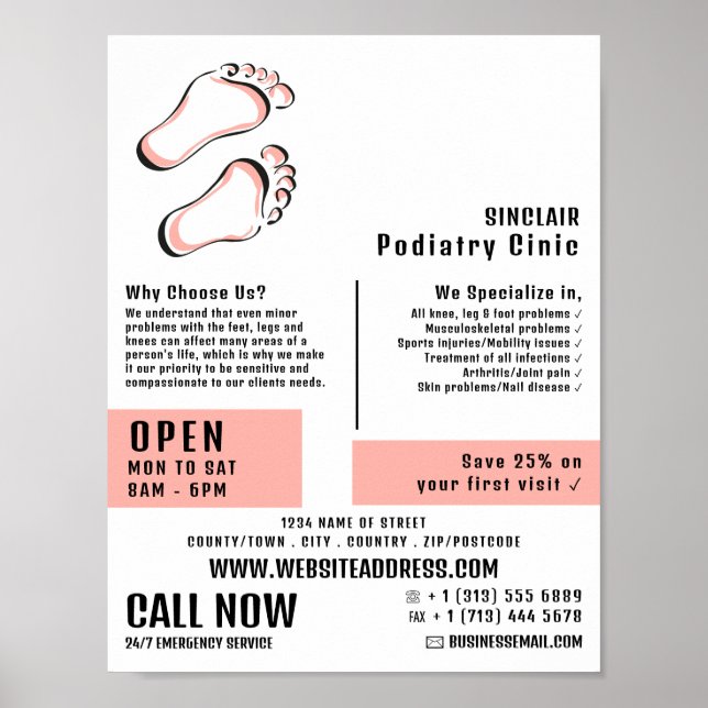 Póster Huellas estilizadas, clínica de podiatría, podiatr (Frente)