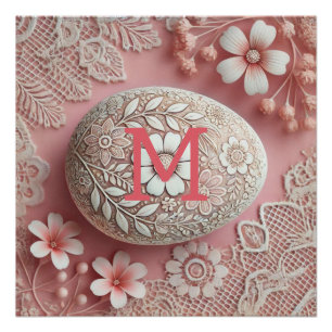 Póster Huevo de Pascua rosa blanco rosa de encaje monogra