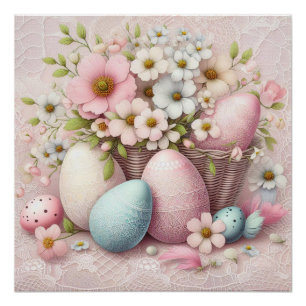 Póster Huevos de Pascua rosados de encaje rosado en monog