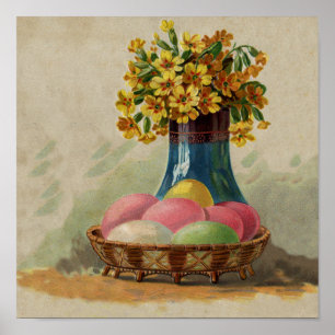 Póster Huevos Flores Canasta Pascua Antigua