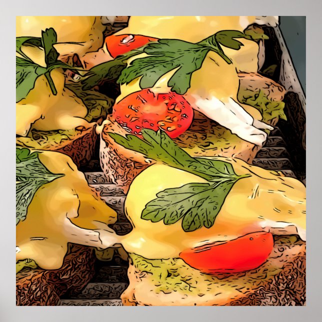 Póster Huevos pochados con aguacate en tostada (Frente)