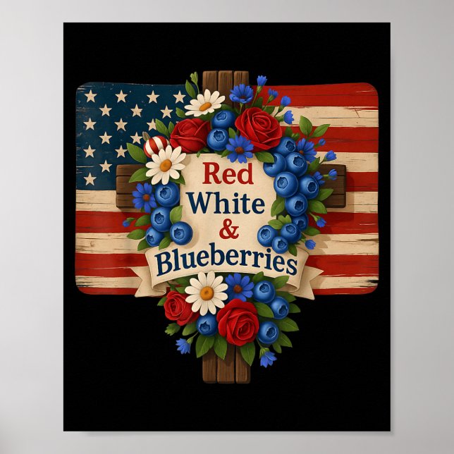 Póster Hugvyn God Bless Blueberries America Floral Patrio (Frente)