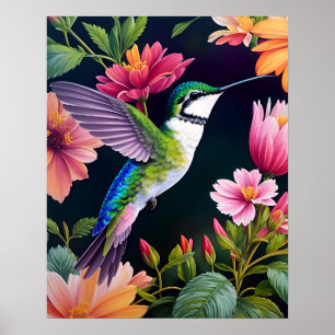 Póster Hummingbird Colorful Flowers Art