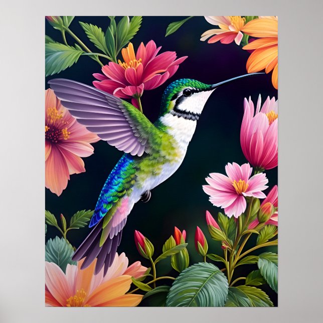 Póster Hummingbird Colorful Flowers Art (Frente)