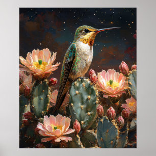 Póster Hummingbird en un Cactus floreciente