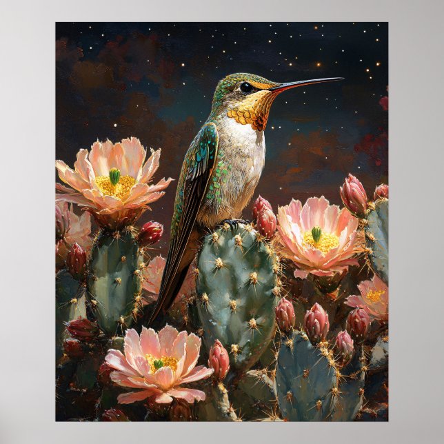 Póster Hummingbird en un Cactus floreciente (Frente)
