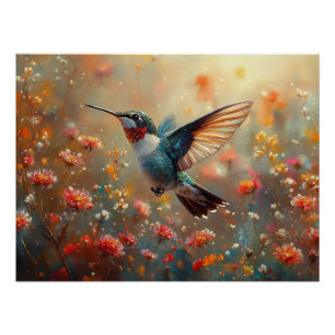 Póster Hummingbird Floral con trompeta de rubí
