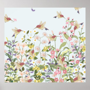Póster Hummingbird Floral Garden Vintage Ilustracion