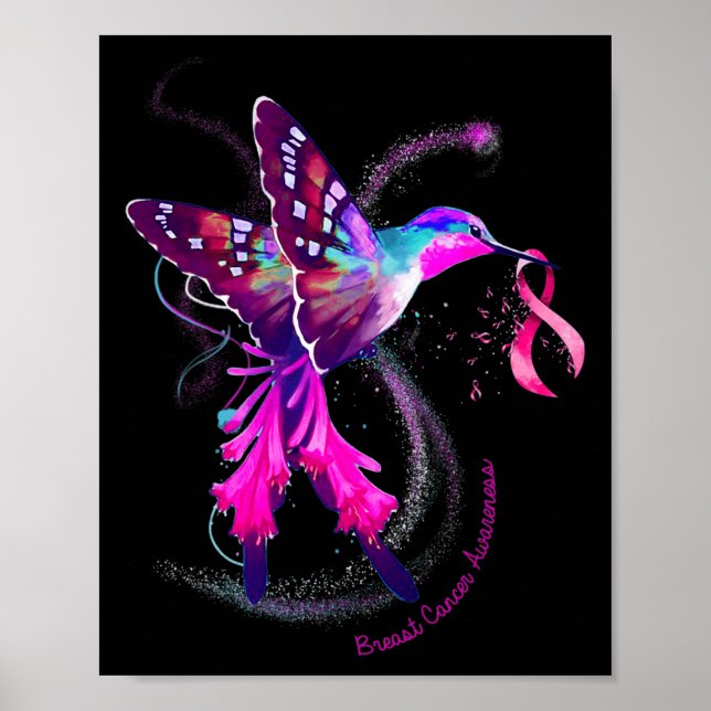 Póster Hummingbird Hold Cinta rosa Cáncer de Mama Awarene (Frente)