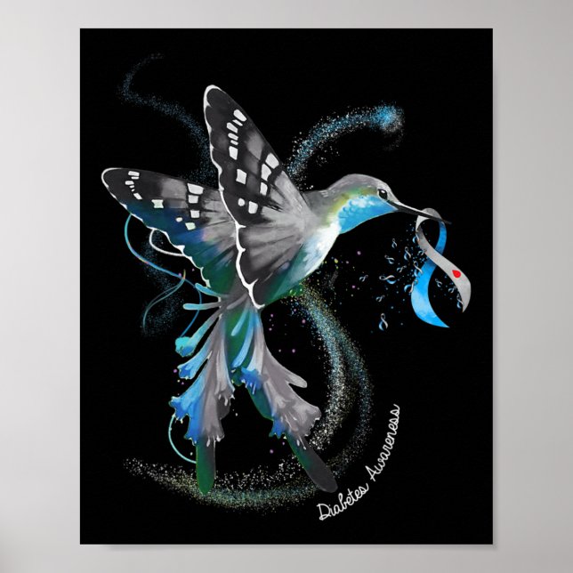 Póster Hummingbird Holding Gray Blue Ribbon Diabetes T1d (Frente)