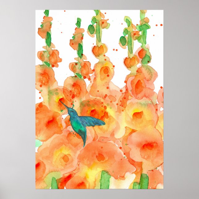 Póster Hummingbird Orange Hollyhocks Flowers (Frente)