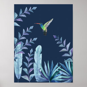 Póster Hummingbird with tropical foliage in dark blue