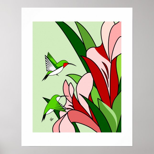 Póster Hummingbird y PInk Flowers estilizan a Poster de a (Frente)