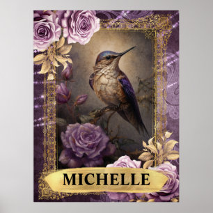 Póster Hummingbird y Rosas románticos púrpura