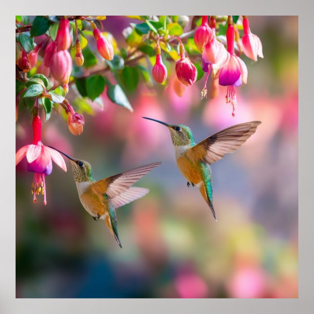 Póster Hummingbirds Fuchsia Flowers Iridescent Dance (Frente)