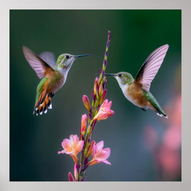 Póster Hummingbirds Gladiolus Flowers Iridescent Pair (Frente)