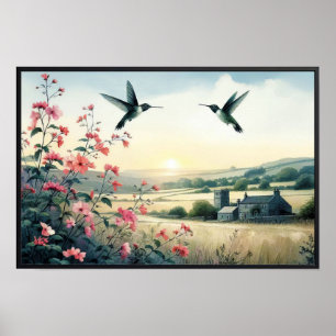 Póster Hummingbirds y Flores Silvestres con marco opciona