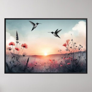 Póster Hummingbirds y Flores Silvestres con marco opciona