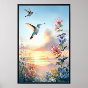 Póster Hummingbirds y Flores Silvestres con marco opciona
