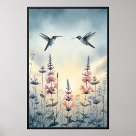 Póster Hummingbirds y Flores Silvestres con marco opciona