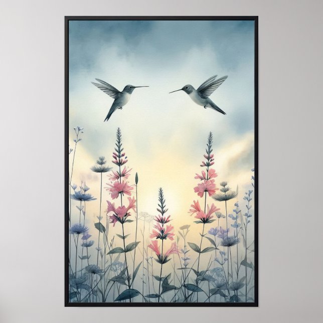 Póster Hummingbirds y Flores Silvestres con marco opciona (Frente)