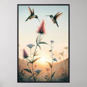 Póster Hummingbirds y Flores Silvestres con marco opciona