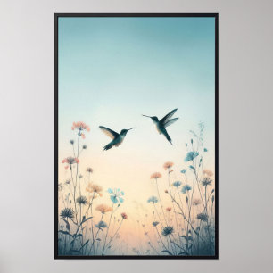 Póster Hummingbirds y Flores Silvestres con marco opciona