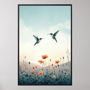 Póster Hummingbirds y Flores Silvestres con marco opciona