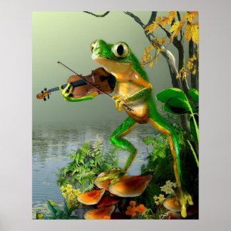 Póster Humorística rana de árbol jugando a un violín