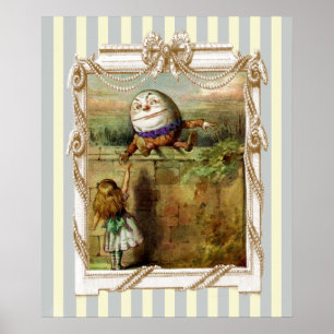 Póster Humpty Dumpty y Alice con rayas azules y blancas