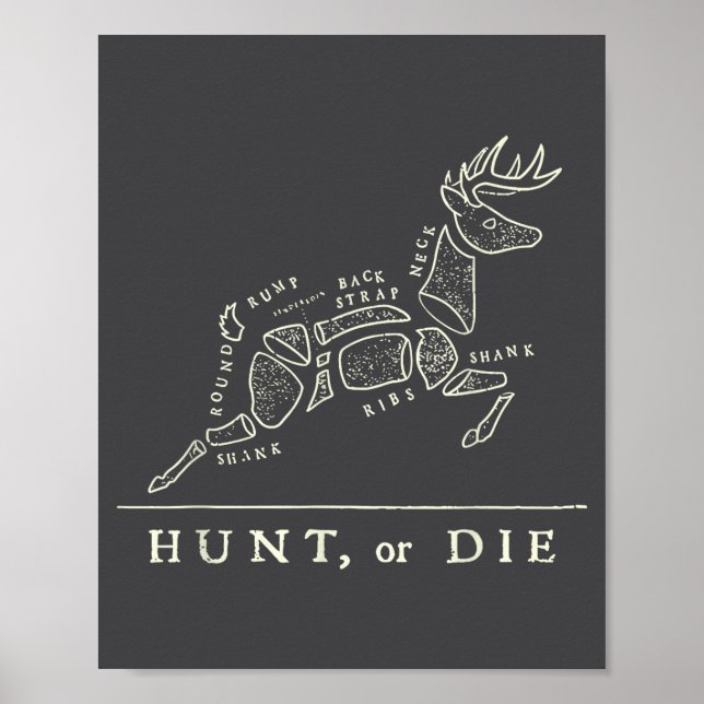 Póster Hunt Or Die Funny Hunting Quote Deer Butcher Chart (Frente)