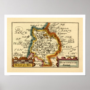 Póster Huntingdonshire County Inglaterra Mapa anticuario 