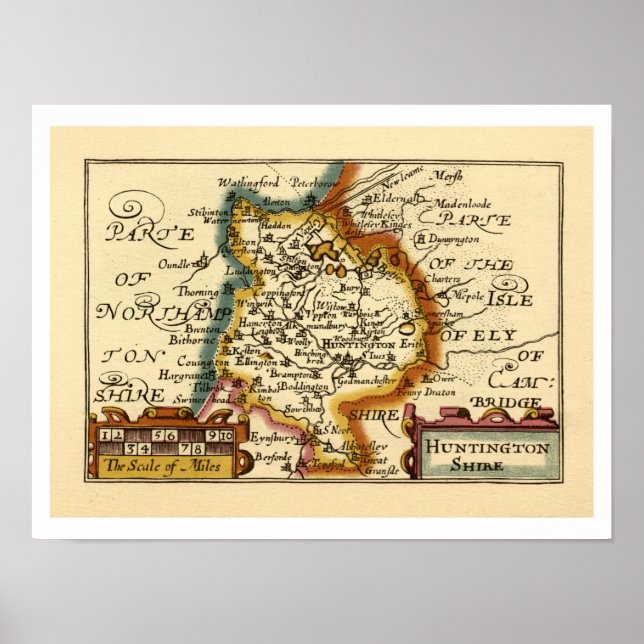 Póster Huntingdonshire County Inglaterra Mapa anticuario  (Frente)
