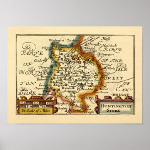Póster Huntingdonshire County Inglaterra Mapa anticuario