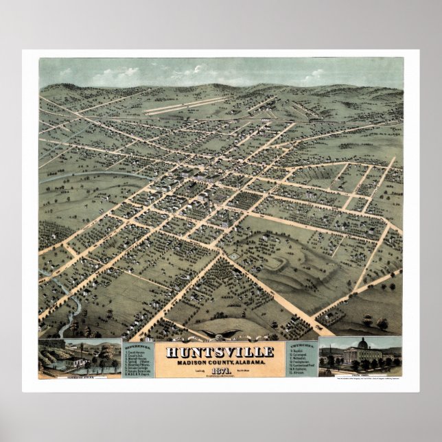 Póster Huntsville, Mapa Panorámico AL - 1871 (Frente)