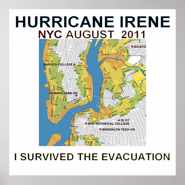 Póster Hurricane Irene New York City Evacuation Map Poste (Frente)