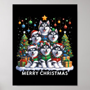 Póster Husky Dog Árbol de Navidad Feliz Concurso de Navid