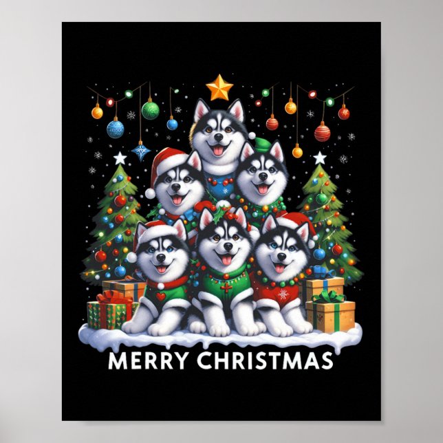 Póster Husky Dog Árbol de Navidad Feliz Concurso de Navid (Frente)