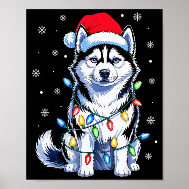 Póster Husky Dog Christmas Lights Santa Hat Family Xmas P (Frente)
