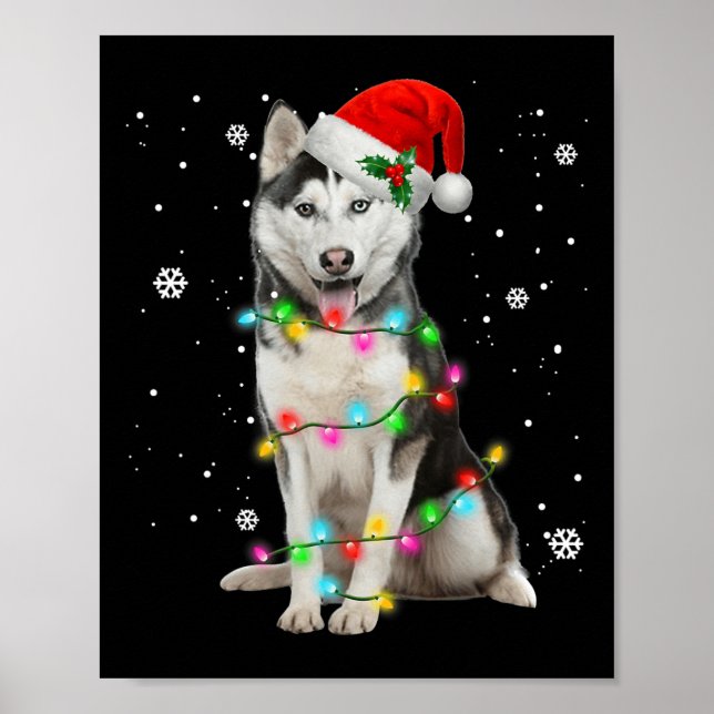 Póster Husky Dog Santa Hat Christmas Tree Regalos para (Frente)