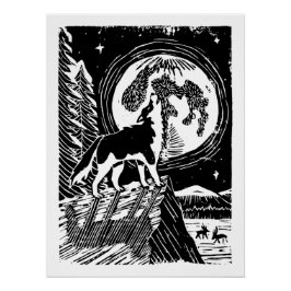 Póster Husky negro y blanco en el Linocut nocturno