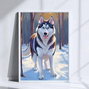 Póster Husky   Pintura de mascota de acuarela de invierno