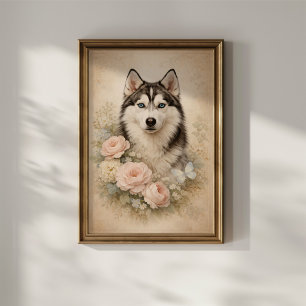 Póster Husky Siberiano con Rosas