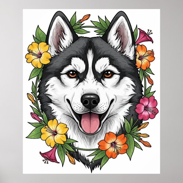 Póster Husky Sled Dog And Colorful Mirablis Flowers (Frente)