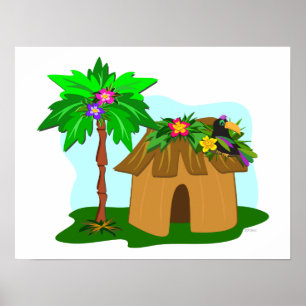 Póster Hut tropical, palmera y tocan